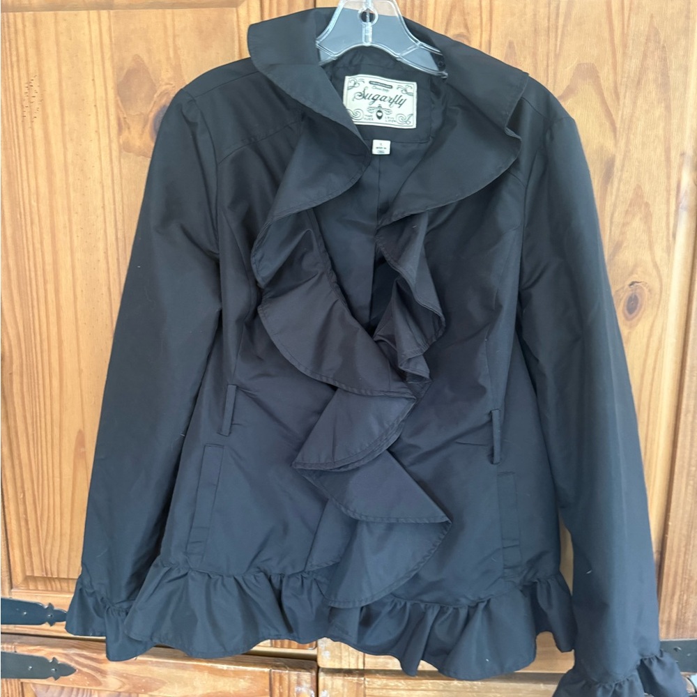 Sugar Black Ruffle-Front Blazer Jacket